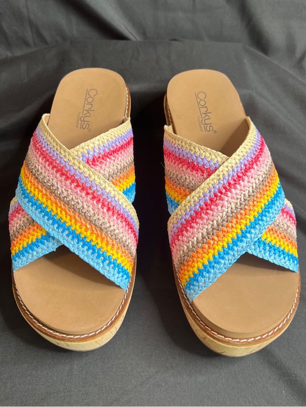 Corkys Peace Out Multi Color Rainbow crisscross strap wedge sandals Size 9